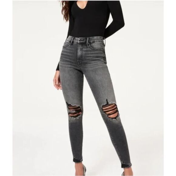 GOOD AMERICAN | Good Waist Black Wash Denim Distressed Jeans Women’s Size 15 - Picture 1 of 11
